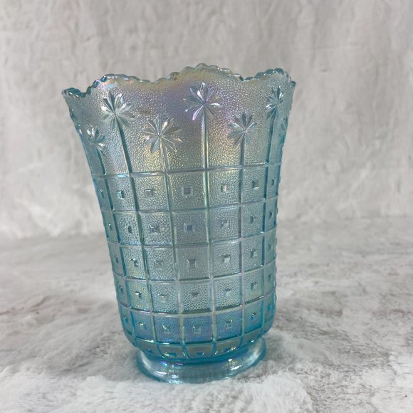 Imperial Glass Blue Iridescent Carnival Flower Block Scalloped Vase Lennox Rare - Picture 3 of 8